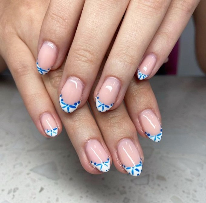 Floral French tip nails