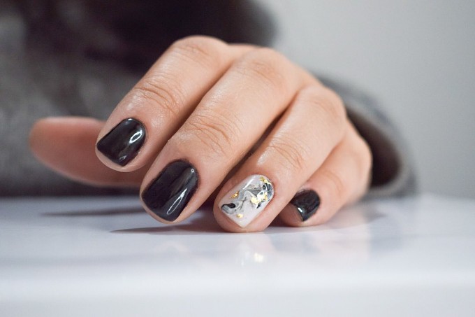 Matte black nails with golden glitter