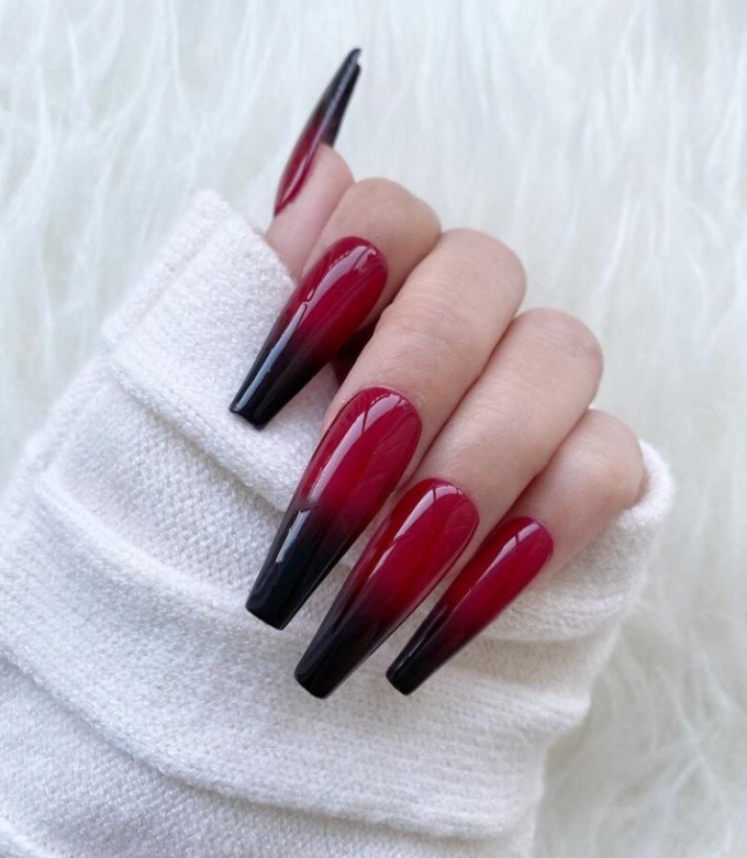Red and black ombre long nails