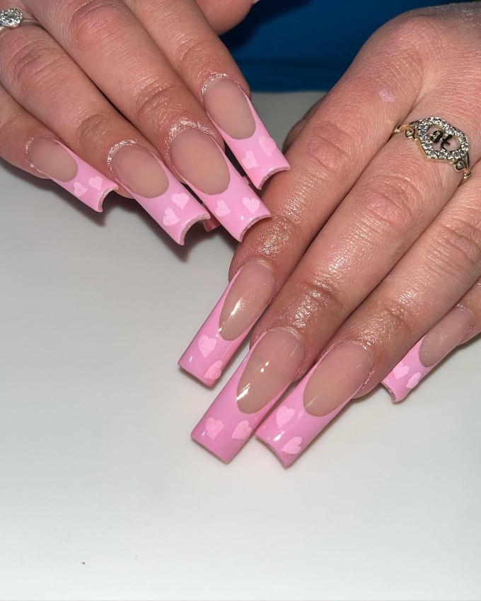 Heart Shaped Pink French Tip Nails Almond