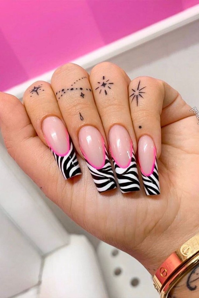 Zebra Print Pink French Tip Nails Square