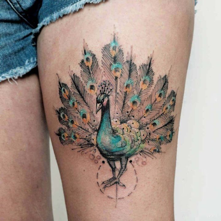 Peacock Thigh Tattoo