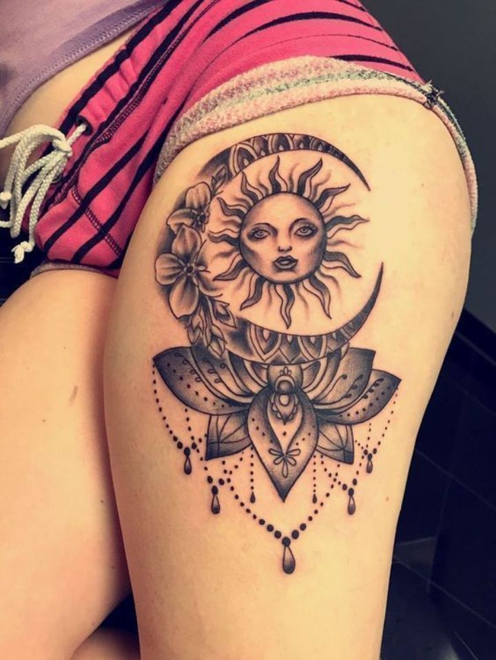 Sunlight And Moon Thigh Tattoos