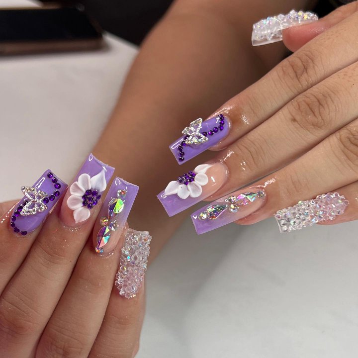 Light Purple Nails with Flower Design
